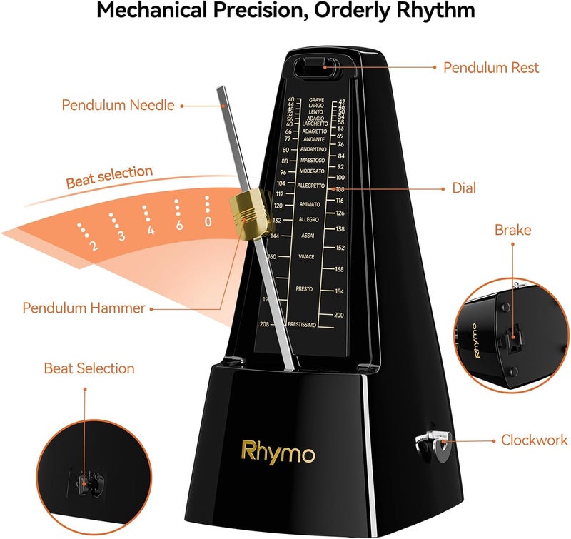 Rhymo Store Mechanical Metronome for Guitar, Piano & Violin, 40-208 BPM with 4 Beat Modes (2/4, 3/4, 4/4, 6/8), Classic Wind-Up Design, Loud Clear Tempo for Beginners, Musical Instrument Accessories, Black - Image 5